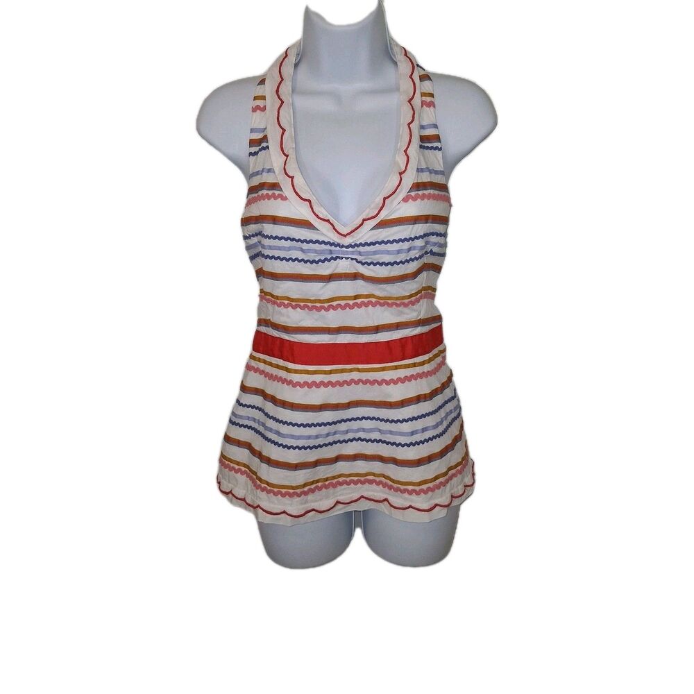 Odille 100% Cotton StripedHalter Top Women's Sz 12 Colorful Boho Coqutte Art